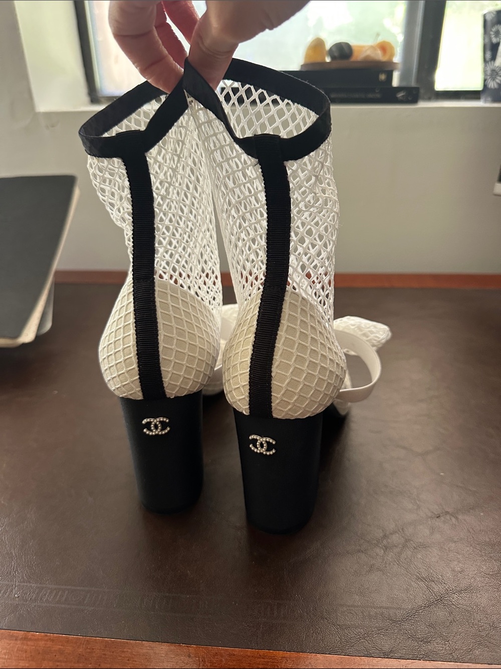 CHANEL White Mesh Bow Block-Heel Sock Boots with Black Patent Toe - Picture 4 of 6